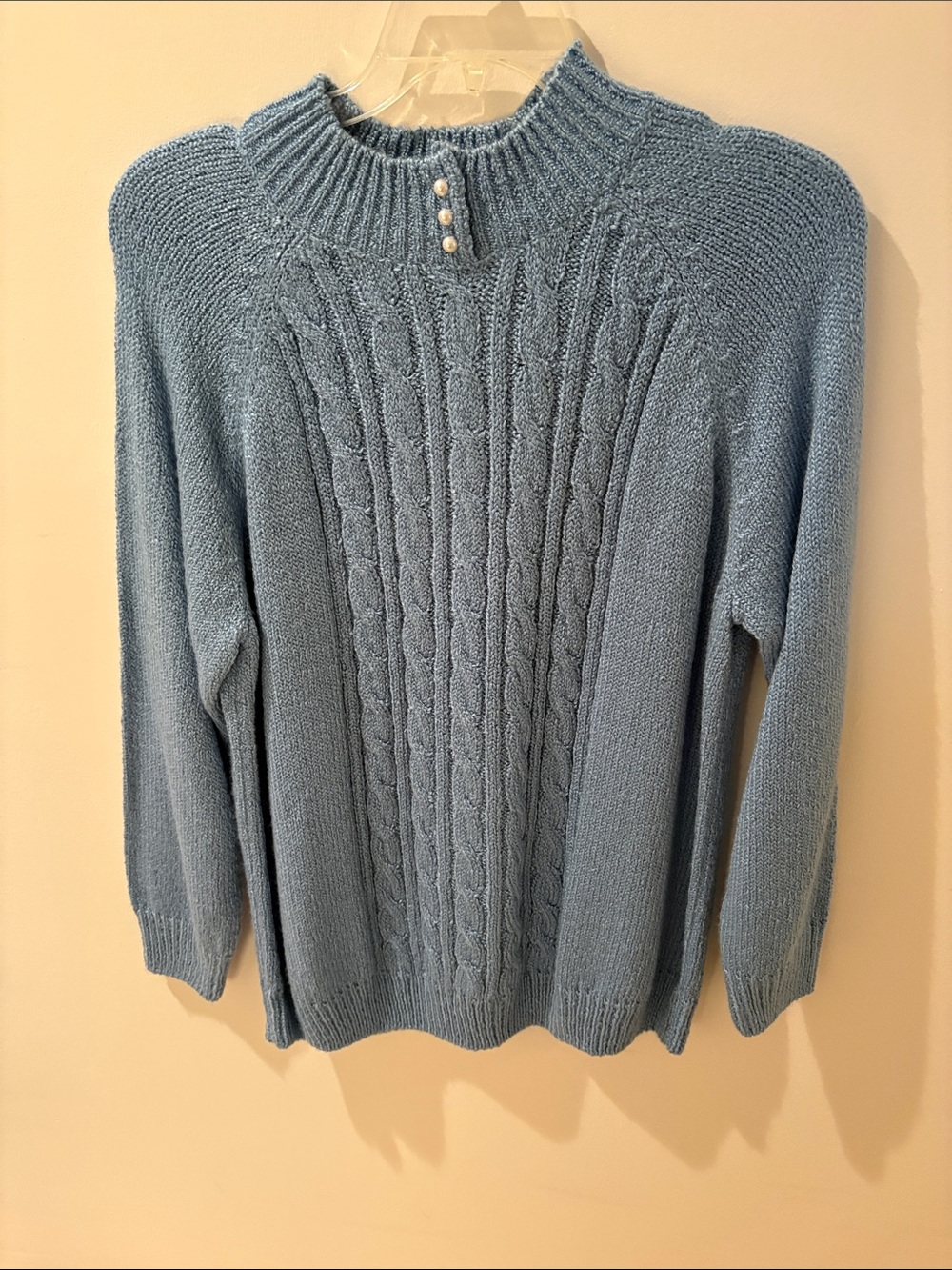 Karen Scott Light Blue Cable-Knit Mock Neck Sweater with Pearl Buttons
